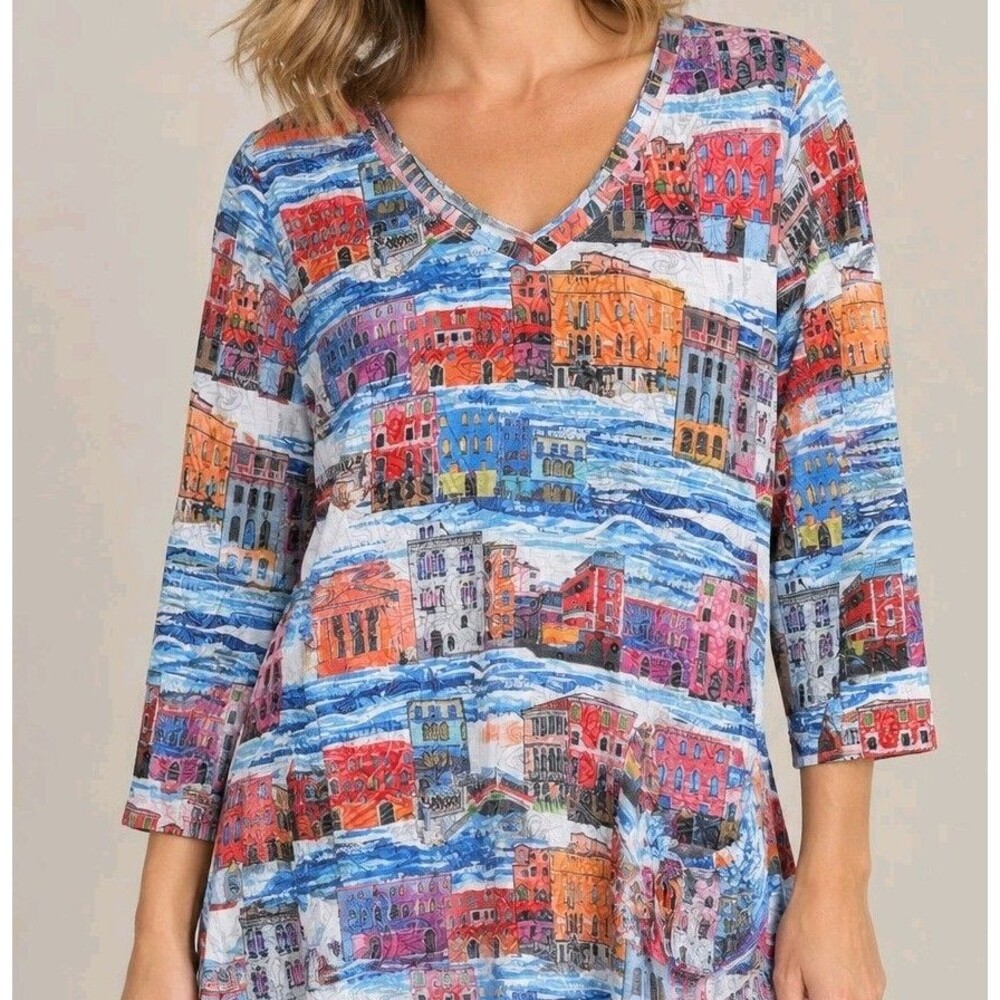 Ali Miles Village City Scape Print Knit Top